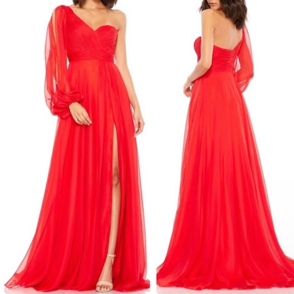 Mac Duggal Red Flowy One Sleeve Chiffon Gown Maxi Dress NWT 0 - Picture 1 of 12